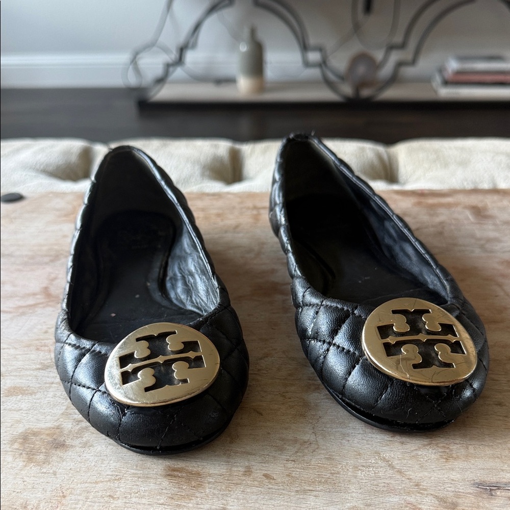 Tory Burch Black Quilted Leather Logo Ballet Flats with Gold Medallions